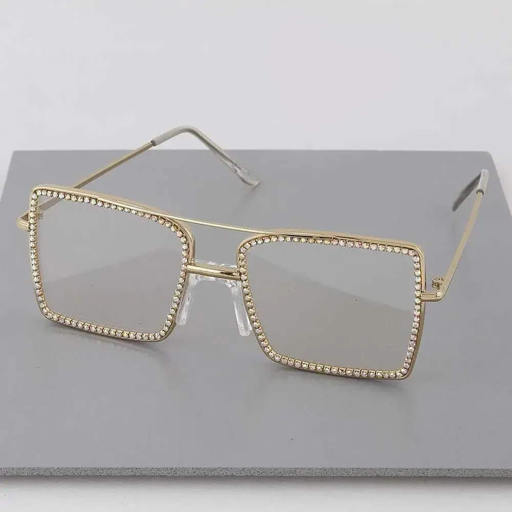 Rhinestone Rectangle Aviator Clear Transparent Fashion Blue Light Glasses